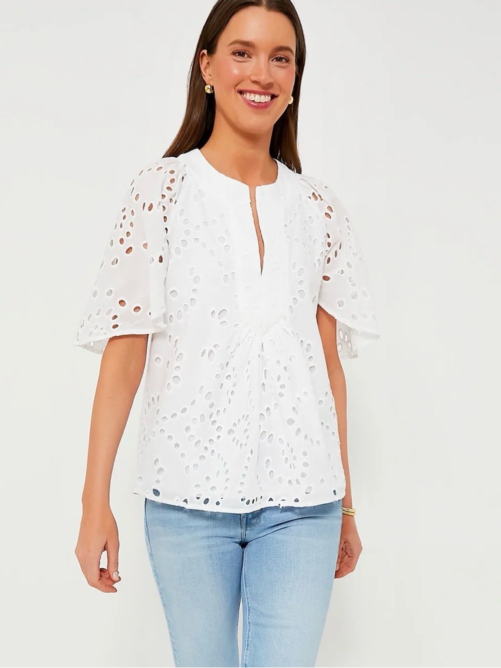 Tuckernuck White Eyelet Finley Split-Neck Flutter Sleeve Top